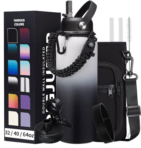 Borraccia in acciaio inox da 1,134 g con cannuccia e coperchi con beccuccio automatico, manico in paracord, borsa termica per bottiglia d'acqua e protezione per bottiglie, borraccia termica in metallo