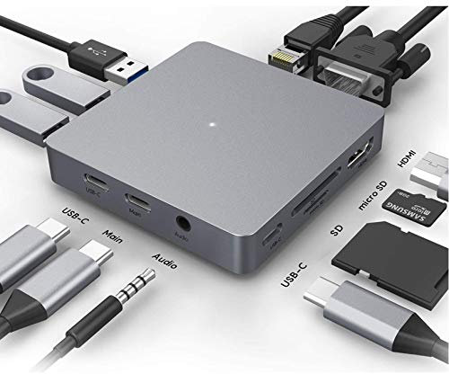 Hub USB C 11 in 1, adattatore hub di tipo C con Gigabit Ethernet, 4K USB a HDMI, USB a VGA, 3 USB 3.0, lettore di schede Micro SD/TF, microfono/audio, porta PD, per MacBook Pro, iPad, Mac