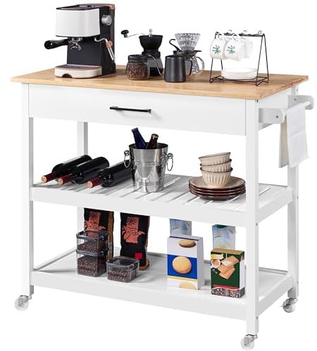 Yaheetech Rolling Kitchen Island Trolley Cart, Kitchen Storage Trolley on Wheels with Drawer and Side Handle, Utility Serving Cart for Dinning Room/Living Room, Bamboo Worktop, White