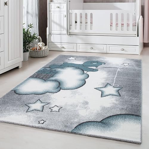 Carpetsale24 Kinderteppich Tiermotiv Bär Blau 160x230 cm – Teppich für Jungs – Allergikerfreundlich & Verspielt