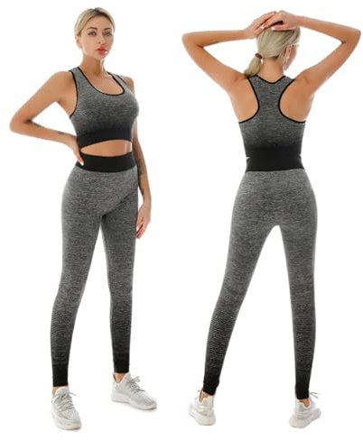 ZiaWorld Set di 2 pezzi da allenamento da donna, set da palestra, senza cuciture, a coste, casual, comodo, corto, top a vita alta, leggings sportivi, tuta sportiva da yoga, fitness, abbigliamento da