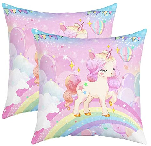 Einhorn Kissenbezug Kissenhülle Kissenbezüge 40x40cm 2er Set Kissenbezüge Weich für Kinder Traumhaft Pferd Dekorative Sofakissen Couchkissen Einhorn Glitzer Regenbogen Rosa Lila Dekokissens