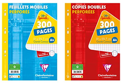 Clairefontaine 11751AMZC Lot de 2 Paquets de Copies Perforées : 300 Pages FEUILLETS MOBILES + 300 Pages COPIES DOUBLES - A4 21x29,7 cm - Grands Carreaux - Papier Blanc 90 g