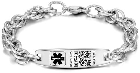 Theluckytag Verbessertes medizinisches Armband mit QR-Code für Damen und Herren, medizinisches Notfall-ID-Armband – Sterlingsilber, kleiner Code 17,8 - 22,9 cm – mehr Platz, benutzerdefinierte