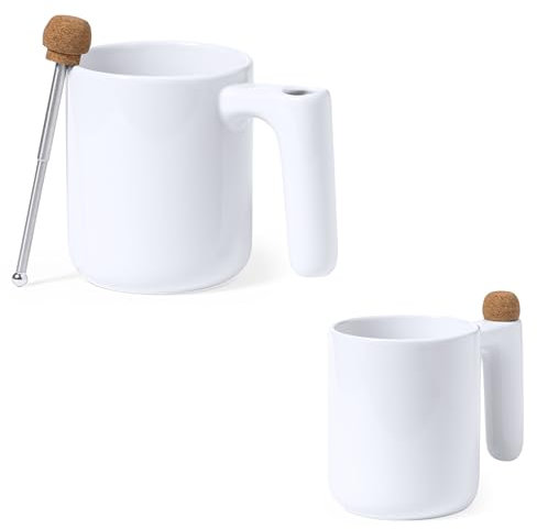 noTrash2003 Lot de 2 Grandes Tasses à café Blanches Modernes de 500 ML, Tasses à thé en céramique avec agitateur intégré en Acier Inoxydable et Design en liège