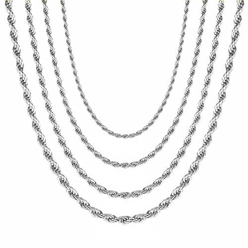 Uwiyo Mens Twist Rope Chain Necklace, 2/3/4mm Silver Rope Chain Stainless Steel Twist Link Chain for Men Women, 18 20 22 24 Length (Silver-4mm, 24)