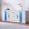 soges Banco de TV Aparador Mueble TV Mesa de Consola Cajoneras Sideboards de Alto Brillo con Cajón y Armario Blanco con Luz LED para Comedor, Salón, Cocina, 140 x 35 x 70 cm