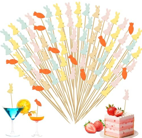 Bekeify 200 PCS Palillos de Cóctel De Pascua Conejo, 12 cm Brochetas de Bambú de Pascua, Bastones de Cóctel de Madera para Decoración de la Fiesta de Pascua Bebidas Fiestas Aperitivos