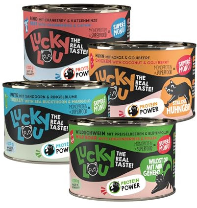Lucky Lou SuperMono² Mix Katzenfutter nass - hochwertiges Katzenfutter mit viel Protein - Nassfutter getreidefrei & ohne Zucker für ausgewachsene Katzen, 200g (24er Pack)