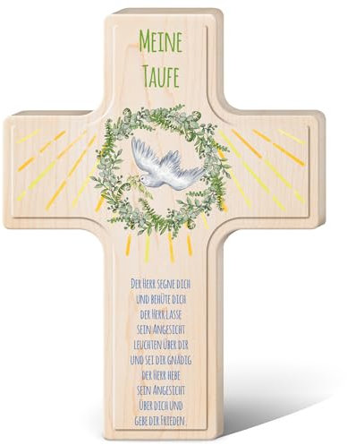 GRAVURZEILE Personalisiertes Kinderkreuz zur Taufe Kommunion und Konfirmation - Kranz Design - Holzkreuz für Kinder personalisiert mit Text - Personalisierte Geschenke für Jungen und Mädchen - Taube