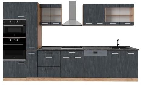Vicco Küchenzeile R-Line, Schwarz Beton/Goldkraft Eiche, 350 cm | 9 Module · Höhenverstellbare Füße · Arbeitsplatte Anthrazit · Robuste Fronten · Mit Backofen-/Mikrowellenschrank