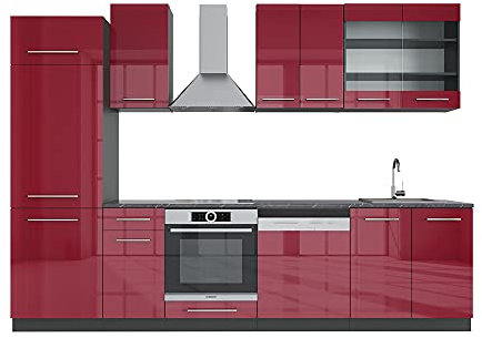 Vicco Küchenzeile Fame-Line, Bordeaux Hochglanz/Anthrazit, 300 cm