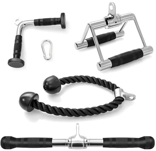 SPOTRAVEL Cable Machine Attachment Set, LAT Pull Down Cable Pulley System with V-Shaped Handle, Double D Handle, Tricep Rope & Snap Hook, Weight Machine Accessories for Home Gym (with Straight Bar)