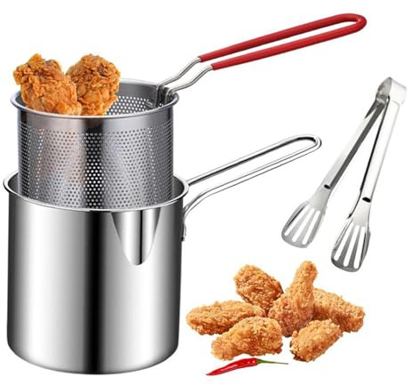 Mini friteuse en acier inoxydable, petite friteuse à économie d'huile avec passoire, filtre écumoire, friteuse à huile profonde avec panier, mini friteuse for frire les cuisses de poulet, les frites (