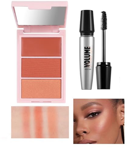 MELLTONG 3 in 1 kit di fard e illuminatore, palette di polveri compatte per trucco 3 in 1 con brillantezza, 12 g maschera per ciglia volume waterproof nero 2