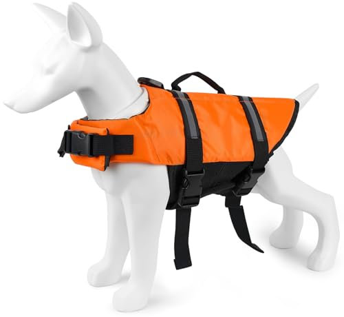 Voarge Hund Rettungsweste, Haustier Sicherheitsweste Badebekleidung Hund Rettungsweste, für Hundegröße einstellbar mit starkem Schwimm- und Rettungsgriff (L)