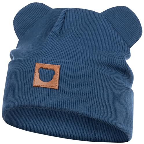 Smarilla Mütze Übergangsmütze Junge Mädchen Herbstmütze Frühlingsmütze Beanie Ohren gerippt, Größe: 46-48, Farbe: Indigoblau