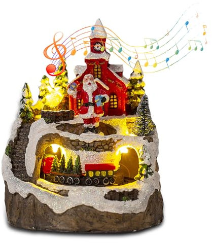 Weihnachtsdorf mit Zug, Weihnachtsdorf Mit Beleuchtung, Weihnachtsdorf mit Musik, Weihnachtsdorf Figuren LED Lichter Kleiner Zug, Dekorative Weihnachtshäuser, für Weihnachtsfeiern Und Heimdekorationen