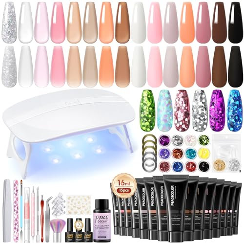PEACECOLOR Poly Nagel Gel Starter Set mit UV Lampe, 15 Farben Gel Nägel Set Starterset Poly Nagelverlängerung Gel mit Base Top Coat, Gel Nägel Selber Set Machen Zu Hause