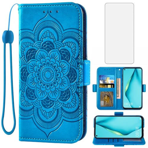Asuwish Handyhülle für Huawei P40 Lite 4G Hülle mit Glas Folie Schutzfolie Kartenfach Klappbar Leder Geldbörse Ständer Hawaii P 40 P40Lite JNY-LX1 Handy Hüllen Mandala Schutzhülle Phone Case Blau