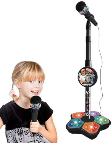 Microfono a piedistallo con supporto – microfono senza fili per macchina karaoke, modalità MP3, giocattolo musicale, di festa, microfono giocattolo con supporto per divertimento