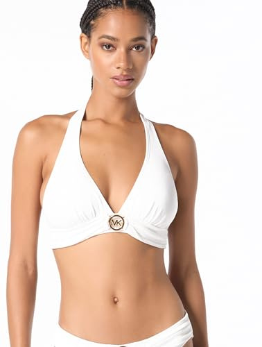 Michael Kors Damen Solid Logo Ring Halter Top Bikini, Weiss/opulenter Garten, Large