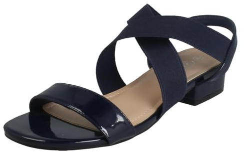 Spot On Ladies Slip On Cross Strap Low Heel Smart Sandals F12082 - Navy Synthetic Patent - UK Size 7 - EU Size 40 - US Size 9