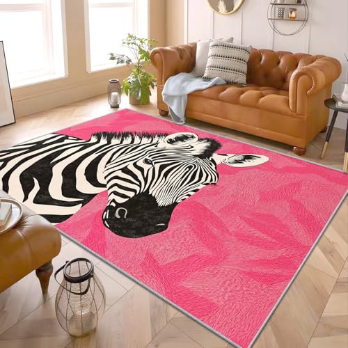 PaxGloz Zebra Teppich Waschbar - Teppiche Wohnzimmer Schlafzimmer Zebra Motiv, Großer Teppich Afrika Safari, Weich Kurzflor & Waschbar & rutschfest Wohnzimmerteppich, Kinderteppich, 120x170 cm