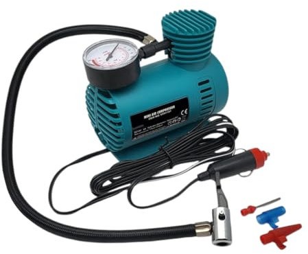 FAST WORLD SHOPPING Compressore Portatile Aria Compressa 12V, Mini Compressor Auto, Moto, Bici, Palloni, Pompa Elettrica con Manometro, Alimentazione Accendisigari, Gonfiaggio Rapido