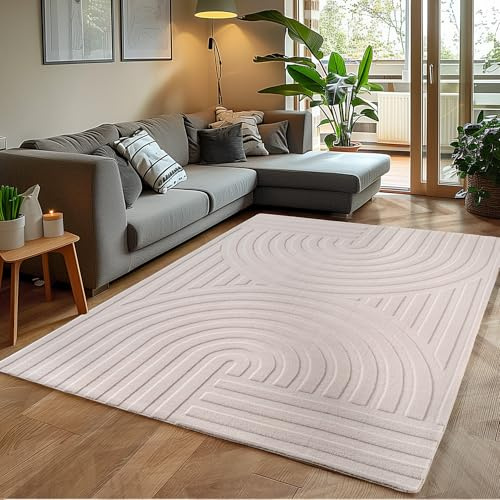 Teppium Boho Teppich 240 x 340 cm Creme – Weicher Skandinavischer Kurzflor mit 3D-Effekt – Waschbar & Pflegeleicht – XXL Teppich für Wohnzimmer, Esszimmer oder großzügige Wohnbereiche