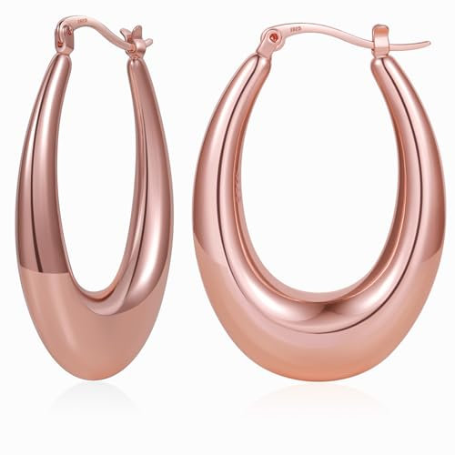 PABBEU Chunky Rose Gold Hoop Earrings for Women, Lightweight 14k Golden Plated Hoop Earrings, Hypoallergenic 925 Oval Rose Golds Hoops Earring (40mm)