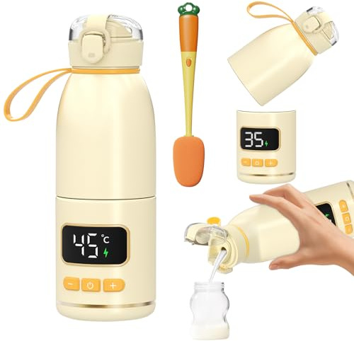 Babyflaschenwärmer Schnellheizender, Auslaufsicher Babyflaschenwärmer mit Batteriestandsanzeige, 37~55 °C, 15000mAh, Flaschenwärmer Baby Unterwegs mit Reinigungsbürste für Reisen Nachtfütterung