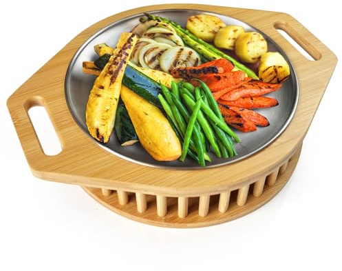 Hotty BBQ - Piastra riscaldante per barbecue, per grigliate, per grigliate, per grigliate, per mantenere il cibo caldo con supporto in acciaio inox e ottimo design in legno per carne e contorni