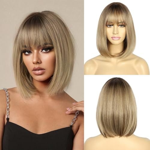 Sapphirewigs Bob Perücke für Frauen Perücke mit Bangs Kurze Natural Blonde Bob Haare Tägliche Party Natürliche aussehende 12 inch