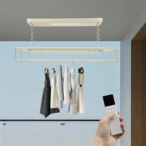 Wäscheständer Decke, Aluminium und Stahl Wäschegestell mit Lampe, Deckentrockner ausziehbar 130-215 cm, Höhenverstellbar, Platzsparend, Fernbedienung, für Balkone, Waschküchen, Bäder, Hotels