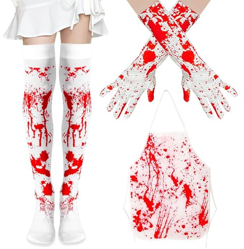 Metzger Kostüm Halloween, Blutige Handschuhe Socken Schürze Set, Strümpfe Blutige Krankenschwester, Metzger Blutiges Schürze, Blutflecken Kostüm Zubehör, für Erwachsene Halloween Karneval Party