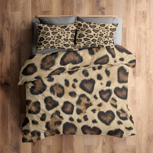 Generisch 135x200 Bettwäsche Leopardenmuster Bettbezug - 2tlg, 1 Kissenbezug 80x80, Herz Leopard Muster, Schlafzimmer Deko, Weiche Mikrofaser Wendebettwäsche mit Reißverschluss - NA742