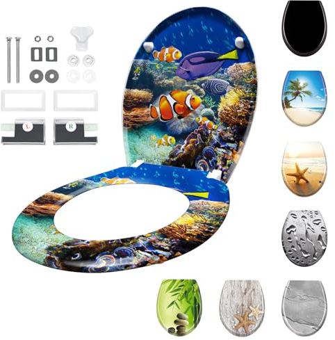 SAILUN Toilet Seat with Soft Close Feature, Quick Release for Easy Clean, O Shape Universal Size with Adjustable Hinges, Toilet Lid Hard Plastic Antibacterial, Colourful Fish