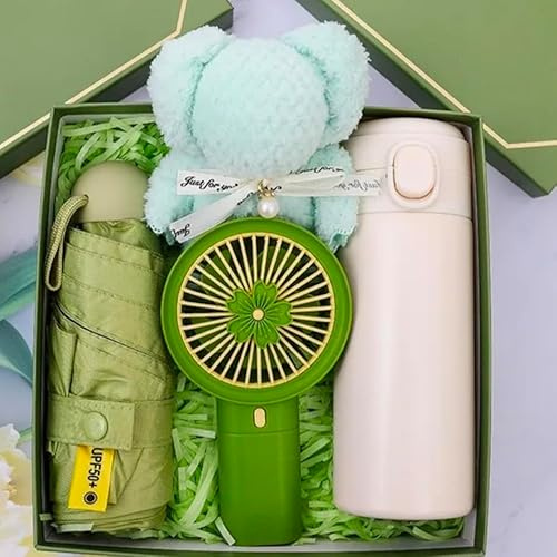 Luxury Gift Set for Birthday Gift Box for Women Men with Portable Fan, Vacuum Insulated Flask, Umbrella, Sophisticated Present for Business, Holiday Wedding Boys Girls Gifts (Green)