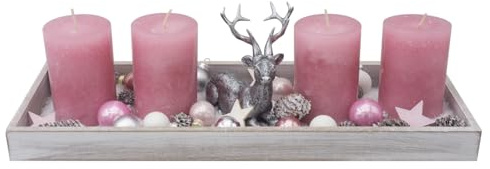 Adventstablett Holz Silber Hirsch 4 Rosa Adventskerzen & winterliche Streudeko Adventsgesteck Weihnachen Deko