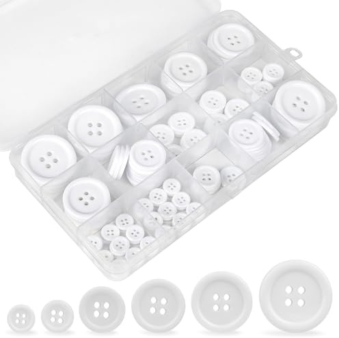 120 Stück Knöpfe Weiß, 1/1,25/1,5/2/2,5/3cm, 4 Loch, Harz, Rund,für Kleider | Knopf, mit 6 Größen, mit Aufbewahrungsbox, Gemischte, für Mantel, Hemd, Anzüge, Kleider, DIY Nähen Handwerk