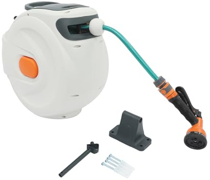 ROGONPDK Schlauchtrommel, Wandmontierter Schlauchbox, 20m Automatische Aufrollbare Gartenschlauchrolle, Automatik Schlauchaufroller mit Einstellbare Ventildüse, Wasserschlauchtrommel