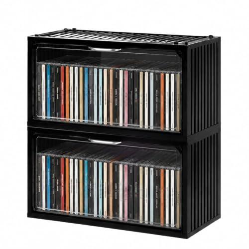 Raoletin 2 Pack CD Storage Boxes Black DVD Storage Boxes Organiser with Visible Flip Door, Stackable CD Holder Rack for DVDs, CDs, Video Games, Media Shelves Living Room and Study
