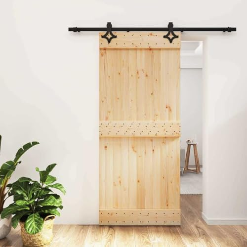 Kaloriko Porta scorrevole in pino massiccio nero, 90 x 210 cm, interno con binario in acciaio verniciato a polvere, salvaspazio, montaggio con telaio e guarnizioni per divisori, con isolamento termico