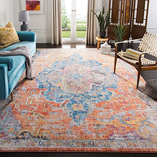 SAFAVIEH Traditionell Teppich für Wohnzimmer, Esszimmer, Schlafzimmer - Bristol Collection, Kurzer Flor, Blau und Orange, 91 X 152 cm