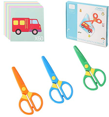Toddler Safety Scissors, 3-Pack with 60 Craft Paper Sheets for Kids
