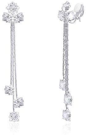QUKE Pendientes largos de clip para mujer, aretes de circonita cúbica no perforados, 6.5 cm, Cristal, Circonita cúbica