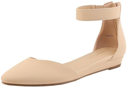 DREAM PAIRS Ballerinas Damen Flache Schuhe mit niedrigem Keilabsatz Knöchelriemen elegant Brautschuhe flach,Size 41,Nackt/Nubuck