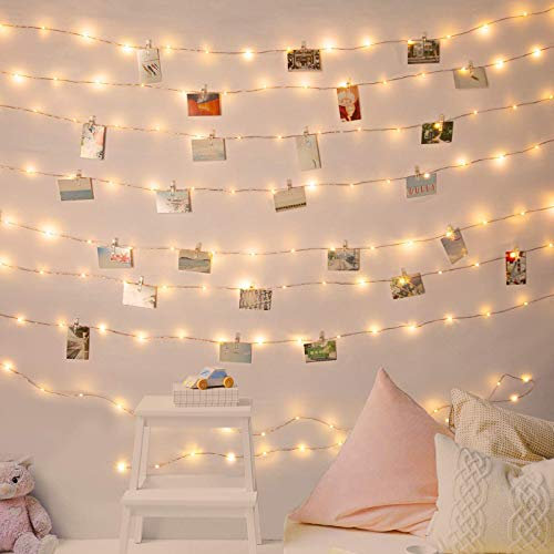 GloBrite Guirlande lumineuse 100 LED à piles avec pinces à photos et ficelle, 10 m, fonctionne à piles avec 60 mini pinces et ficelle pour photos – Idéale pour une ambiance de chambre, une fête ou une