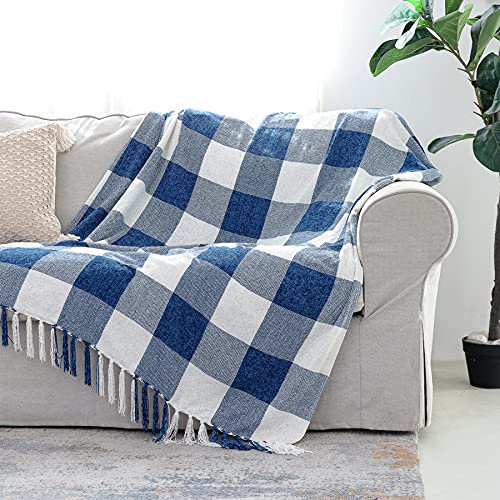 Blau-weißes Buffalo Plaid Decor Decke, leicht, weich, Chenille, Karo, gestrickt, rustikaler Bauernhaus-Überwurf mit Quasten für Couch, Sofa, Stuhl, Bett, Büro, Blau und Elfenbein, 127 x 152.4 cm